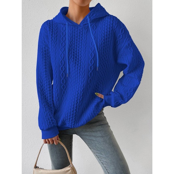 Minimalist Drop Shoulder Drawstring cable knit hoodie Sweatshirt - Picture 7 of 8